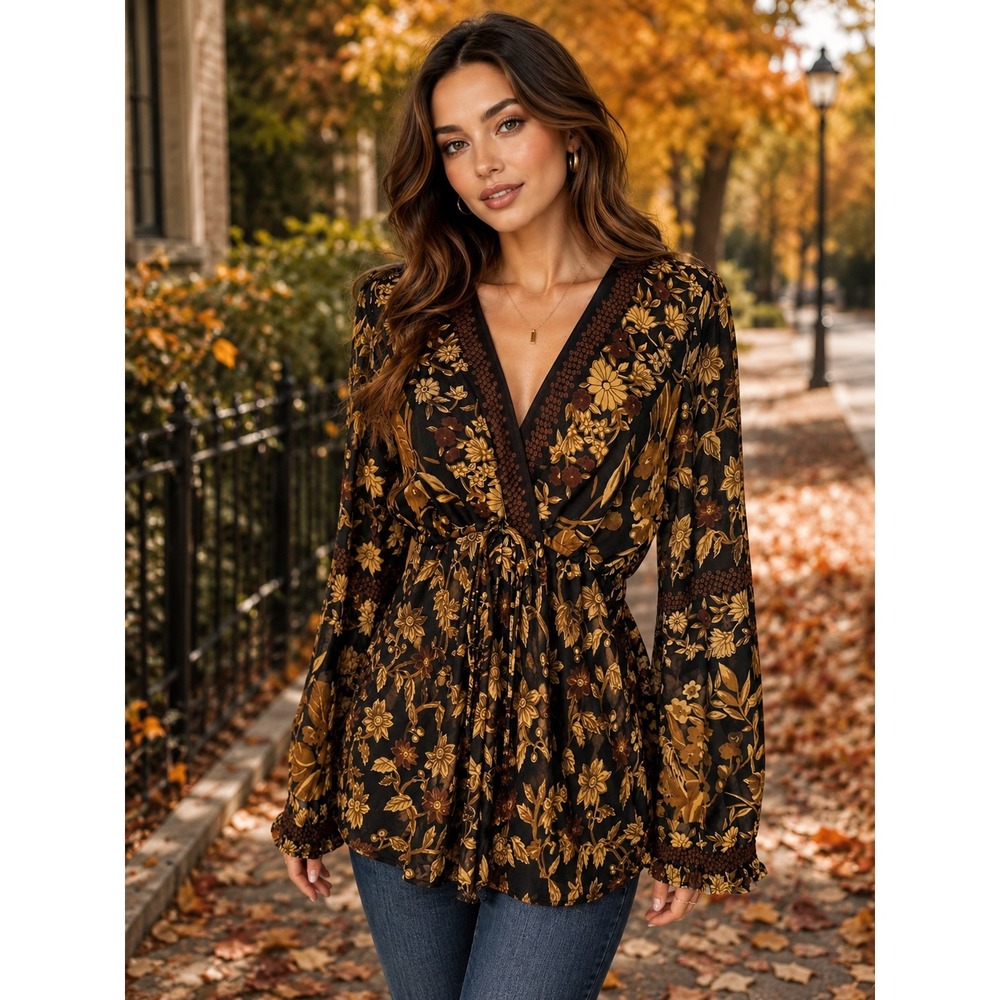 Eva Blue Y2K Dark Floral Sheer Boho Babydoll Tunic Top Size M Fairy Grunge Fall‎